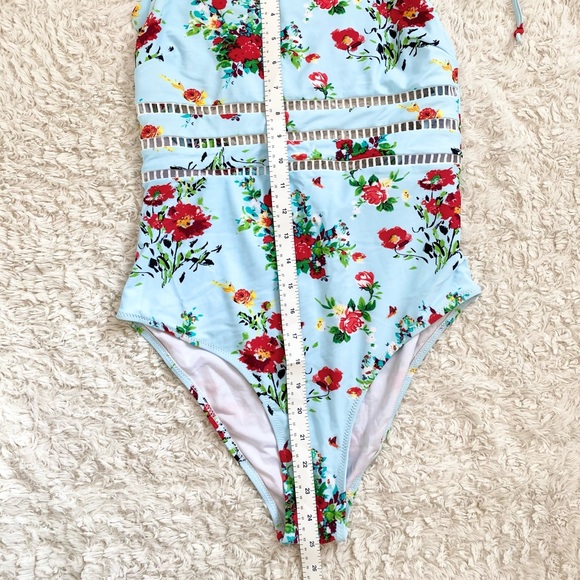 Cupshe Halter Scalloped blue and red floral one piece swimsuit w/ see thru mid - Picture 3 of 6